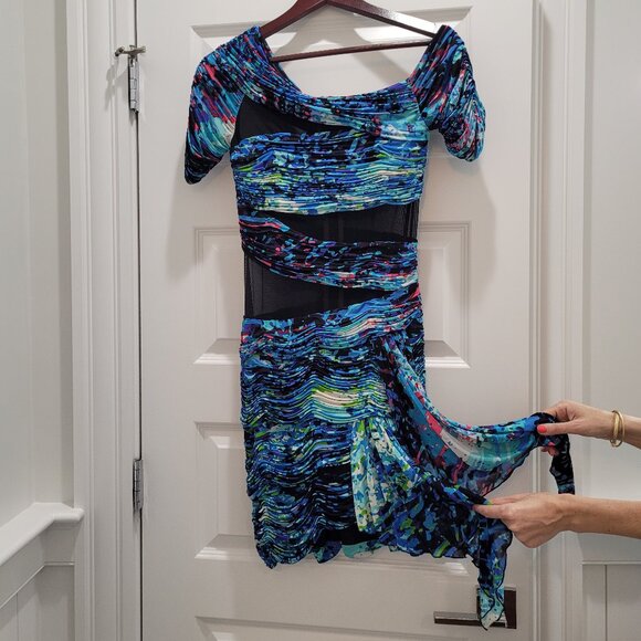 BCBG MAXAZRIA Runway Dress. Mesh Cutouts. Blue Abstract Bodycon. Size S. - Picture 5 of 16